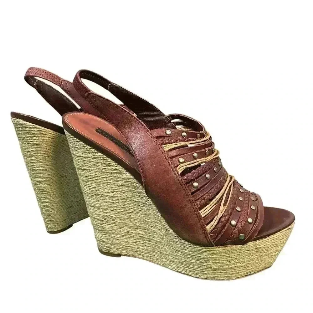 STEVEN by Steve Madden Wedge Sling Back Leather Braided Rope Stud Detail Shoe